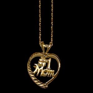 14K SOLID YELLOW GOLD #1 MOM HEART PENDANT GOLD CHAIN SIGNED AURAFIN - AUTHENTIC
